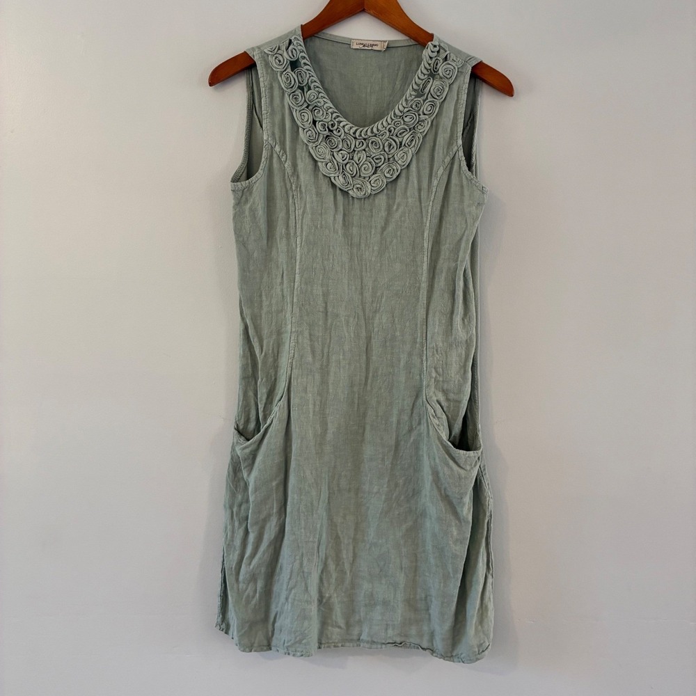 Lungo L'Arno Dress Sm Sage Green Linen Rosette V-Neck Sleeveless Italy Lagenlook